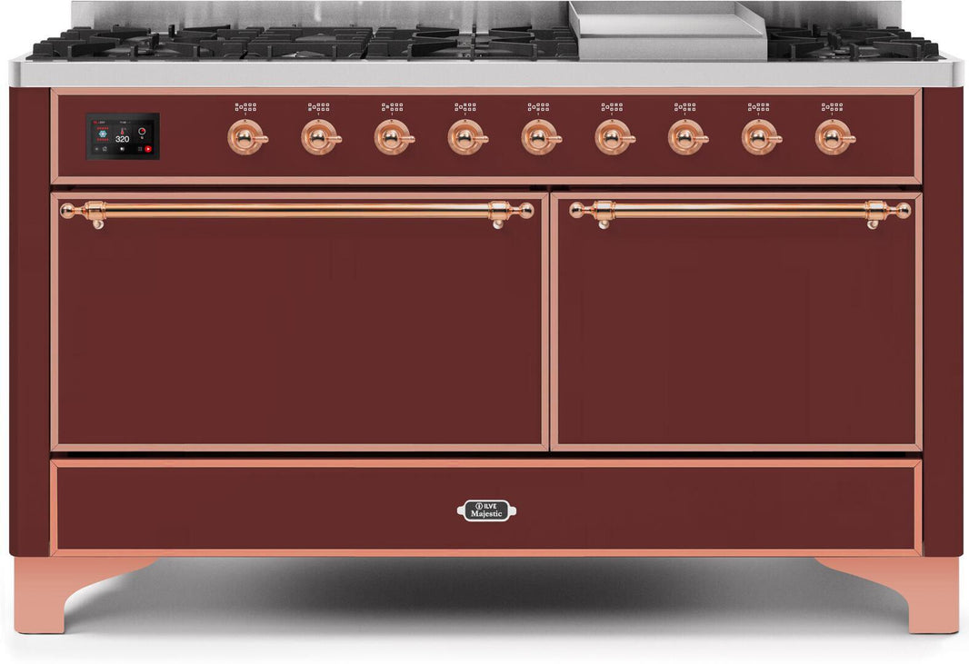 ILVE 60-Inch Majestic II Dual Fuel Range with 9 Sealed Burners - Griddle - Dual Oven - Burgundy (UM15FDQNS3BUP)