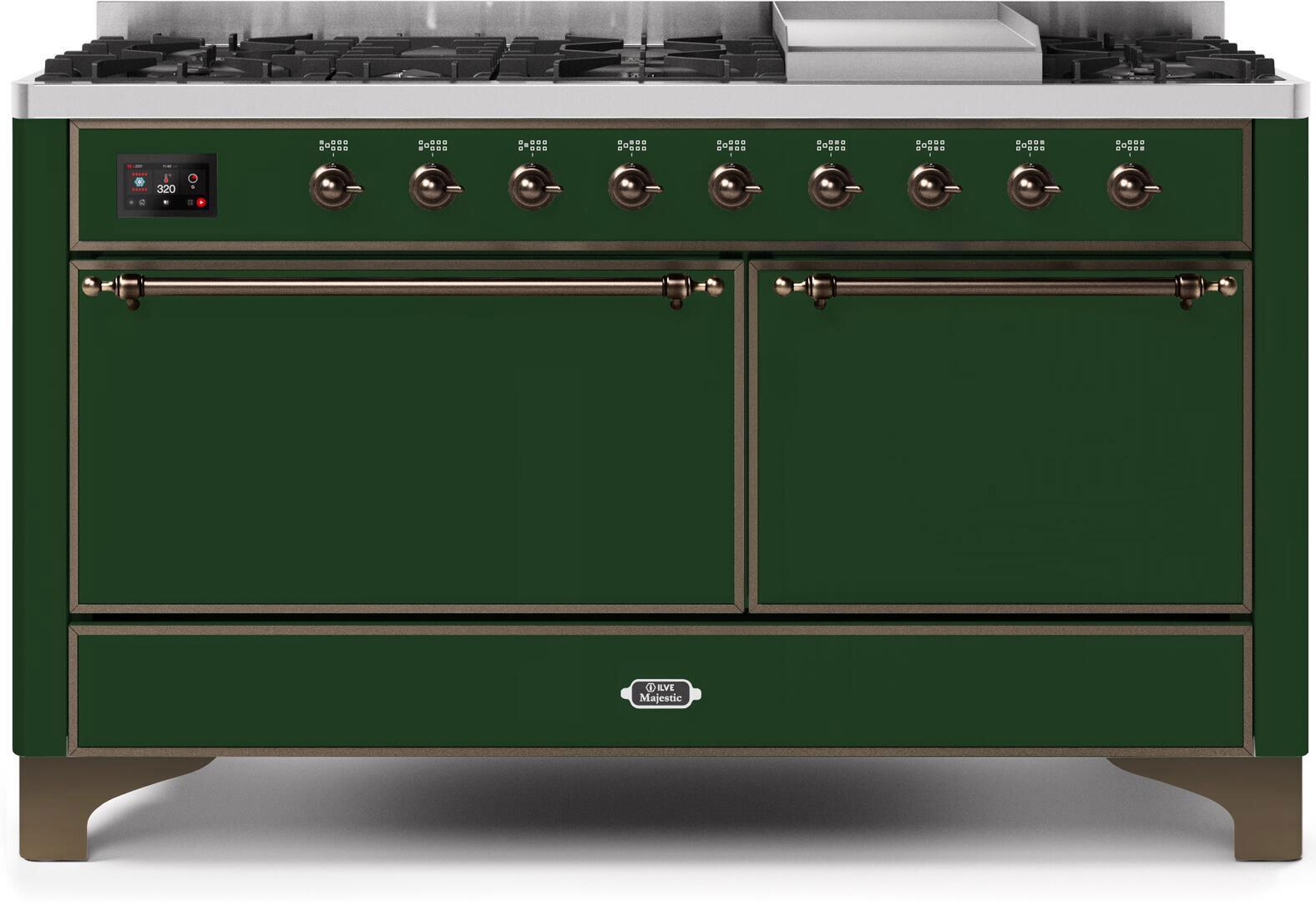 ILVE 60-Inch Majestic II Dual Fuel Range with 9 Sealed Burners - Griddle - Dual Oven - Emerald Green (UM15FDQNS3EGB)