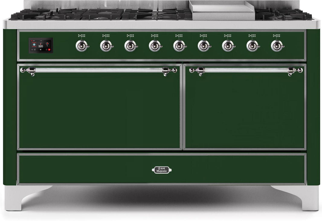 ILVE 60-Inch Majestic II Dual Fuel Range with 9 Sealed Burners - Griddle - Dual Oven - Emerald Green (UM15FDQNS3EGC)