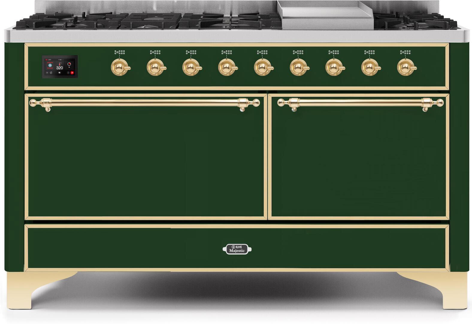 ILVE 60-Inch Majestic II Dual Fuel Range with 9 Sealed Burners - Griddle - Dual Oven - Emerald Green (UM15FDQNS3EGG)