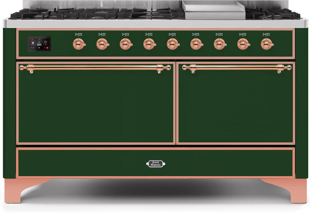 ILVE 60-Inch Majestic II Dual Fuel Range with 9 Sealed Burners - Griddle - Dual Oven - Emerald Green (UM15FDQNS3EGP)