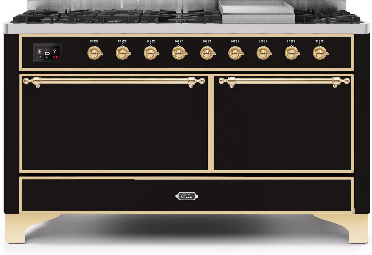 ILVE 60-Inch Majestic II Dual Fuel Range with 9 Sealed Burners - Griddle - Dual Oven - Glossy Black (UM15FDQNS3BKG)