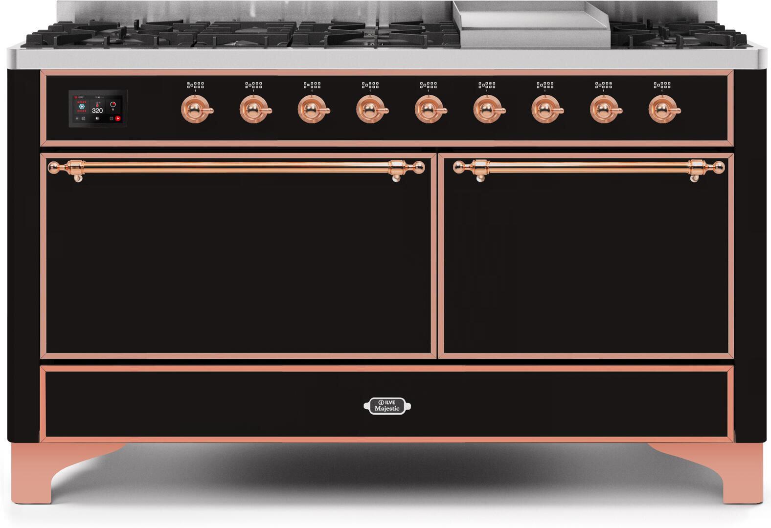 ILVE 60-Inch Majestic II Dual Fuel Range with 9 Sealed Burners - Griddle - Dual Oven - Glossy Black (UM15FDQNS3BKP)