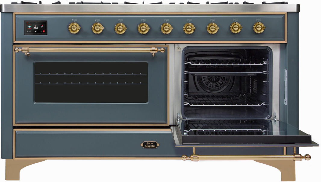 ILVE 60-Inch Majestic II Dual Fuel Range with 9 Sealed Burners - Griddle - Dual Oven - in Blue Grey with Brass Trim (UM15FDNS3BGG)