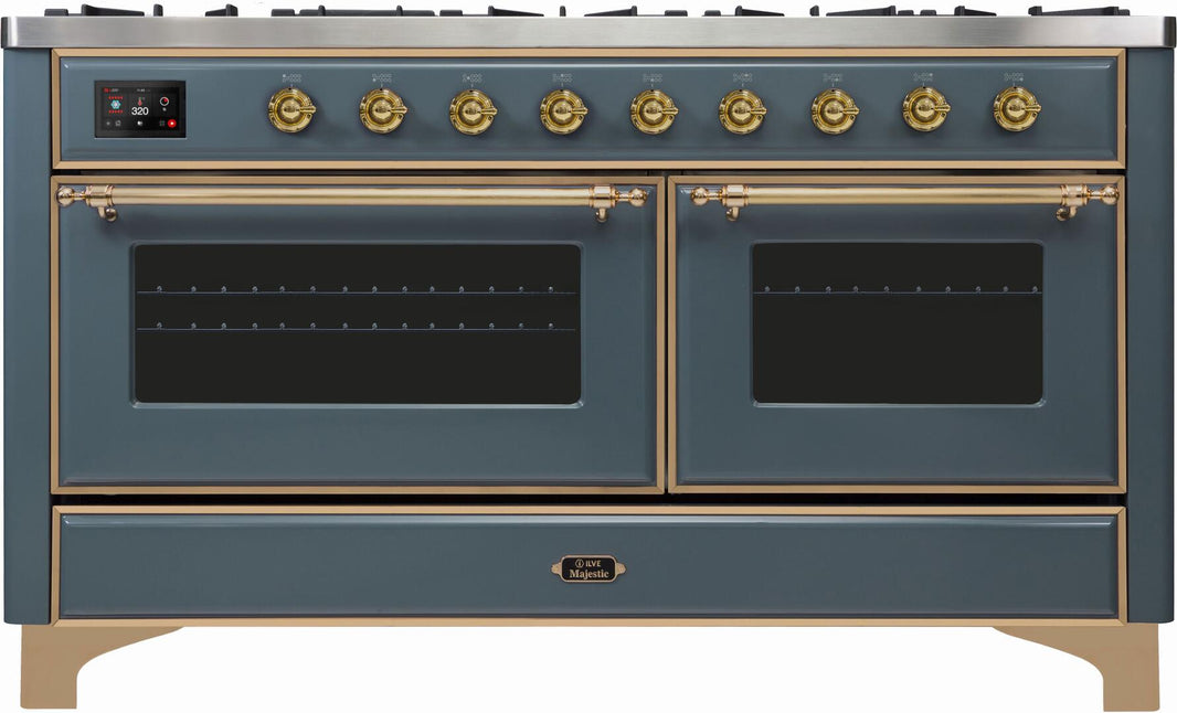 ILVE 60-Inch Majestic II Dual Fuel Range with 9 Sealed Burners - Griddle - Dual Oven - in Blue Grey with Brass Trim (UM15FDNS3BGG)