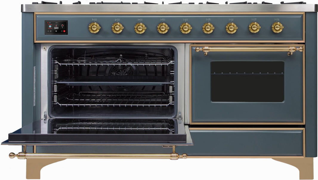 ILVE 60-Inch Majestic II Dual Fuel Range with 9 Sealed Burners - Griddle - Dual Oven - in Blue Grey with Brass Trim (UM15FDNS3BGG)