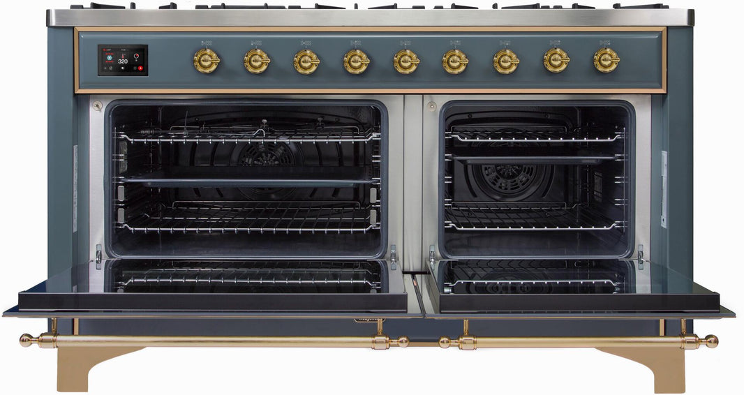 ILVE 60-Inch Majestic II Dual Fuel Range with 9 Sealed Burners - Griddle - Dual Oven - in Blue Grey with Brass Trim (UM15FDNS3BGG)