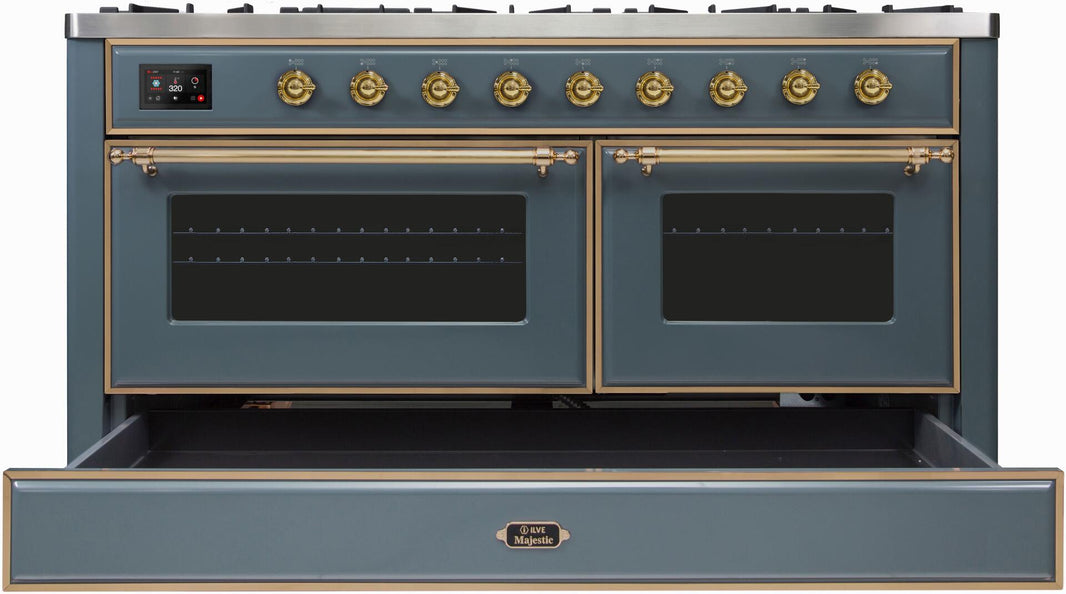 ILVE 60-Inch Majestic II Dual Fuel Range with 9 Sealed Burners - Griddle - Dual Oven - in Blue Grey with Brass Trim (UM15FDNS3BGG)