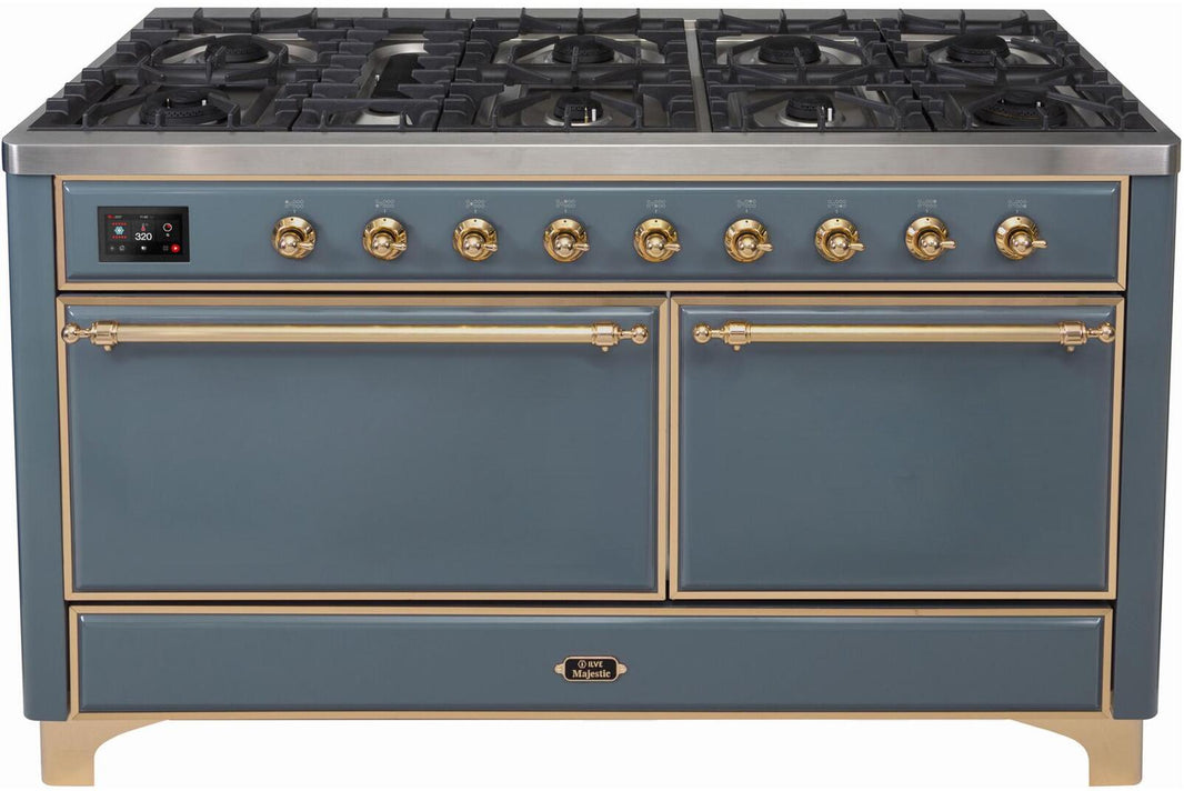 ILVE 60-Inch Majestic II Dual Fuel Range with 9 Sealed Burners - Griddle - Dual Oven - in Blue Grey with Brass Trim (UM15FDQNS3BGG)