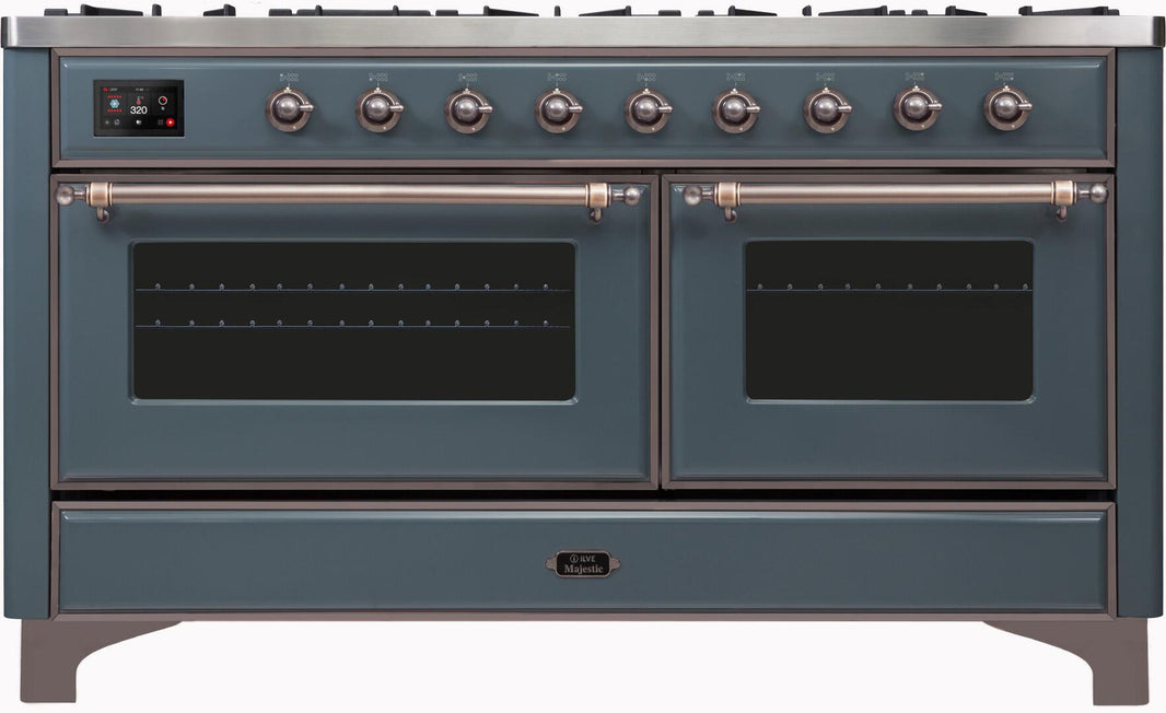 ILVE 60-Inch Majestic II Dual Fuel Range with 9 Sealed Burners - Griddle - Dual Oven - in Blue Grey with Bronze Trim (UM15FDNS3BGB)