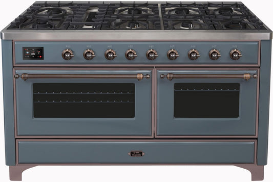 ILVE 60-Inch Majestic II Dual Fuel Range with 9 Sealed Burners - Griddle - Dual Oven - in Blue Grey with Bronze Trim (UM15FDNS3BGB)