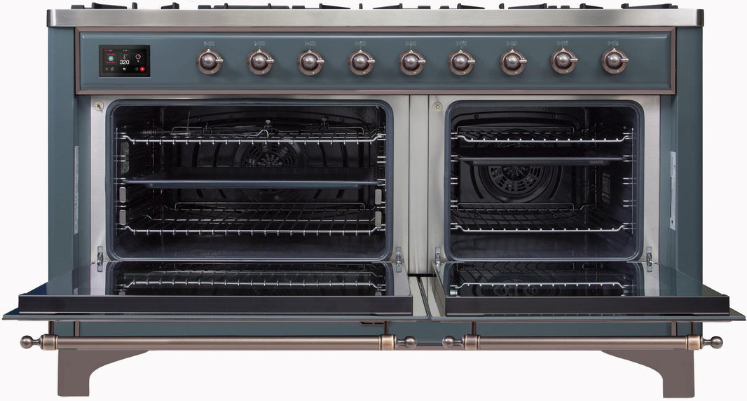 ILVE 60-Inch Majestic II Dual Fuel Range with 9 Sealed Burners - Griddle - Dual Oven - in Blue Grey with Bronze Trim (UM15FDNS3BGB)