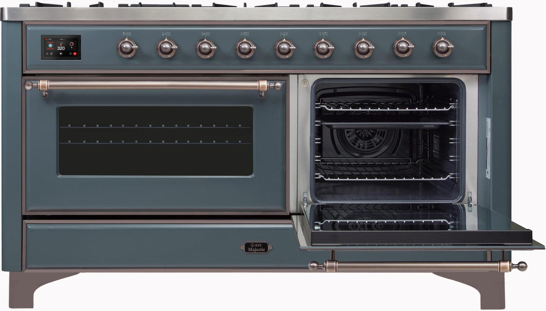 ILVE 60-Inch Majestic II Dual Fuel Range with 9 Sealed Burners - Griddle - Dual Oven - in Blue Grey with Bronze Trim (UM15FDNS3BGB)