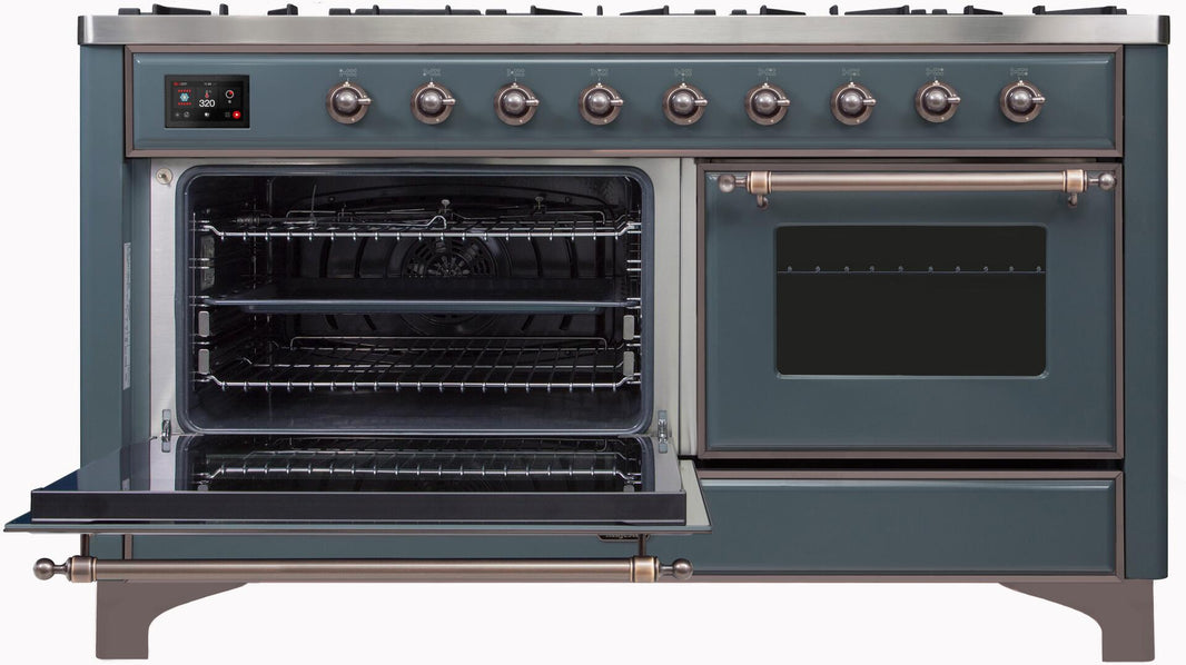 ILVE 60-Inch Majestic II Dual Fuel Range with 9 Sealed Burners - Griddle - Dual Oven - in Blue Grey with Bronze Trim (UM15FDNS3BGB)