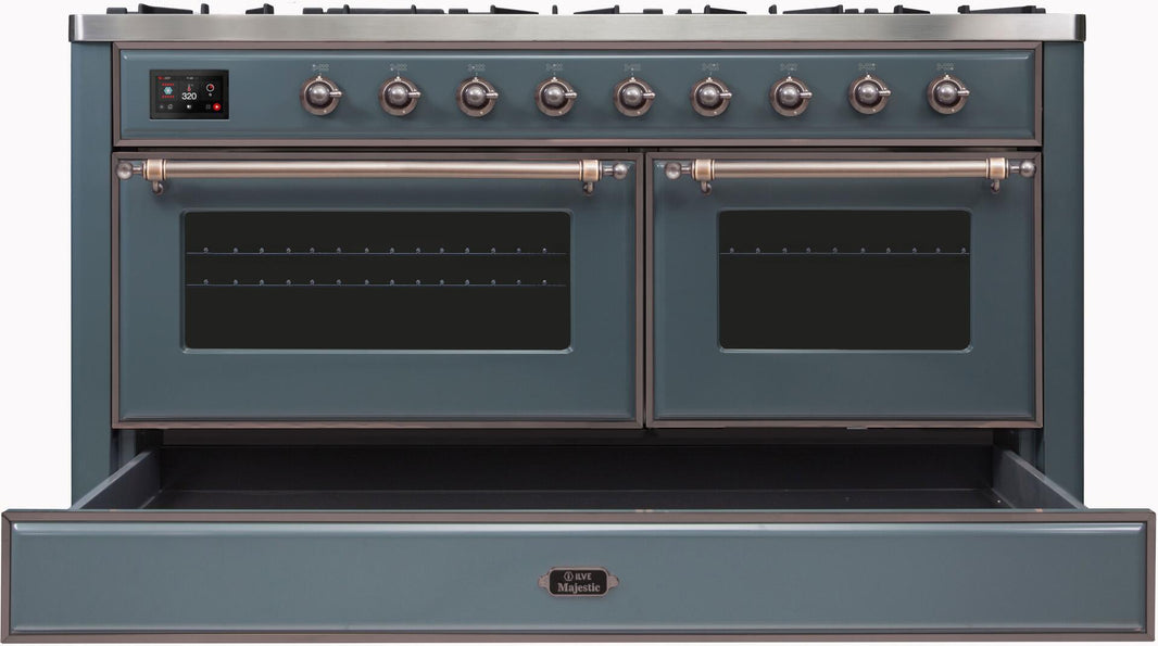 ILVE 60-Inch Majestic II Dual Fuel Range with 9 Sealed Burners - Griddle - Dual Oven - in Blue Grey with Bronze Trim (UM15FDNS3BGB)