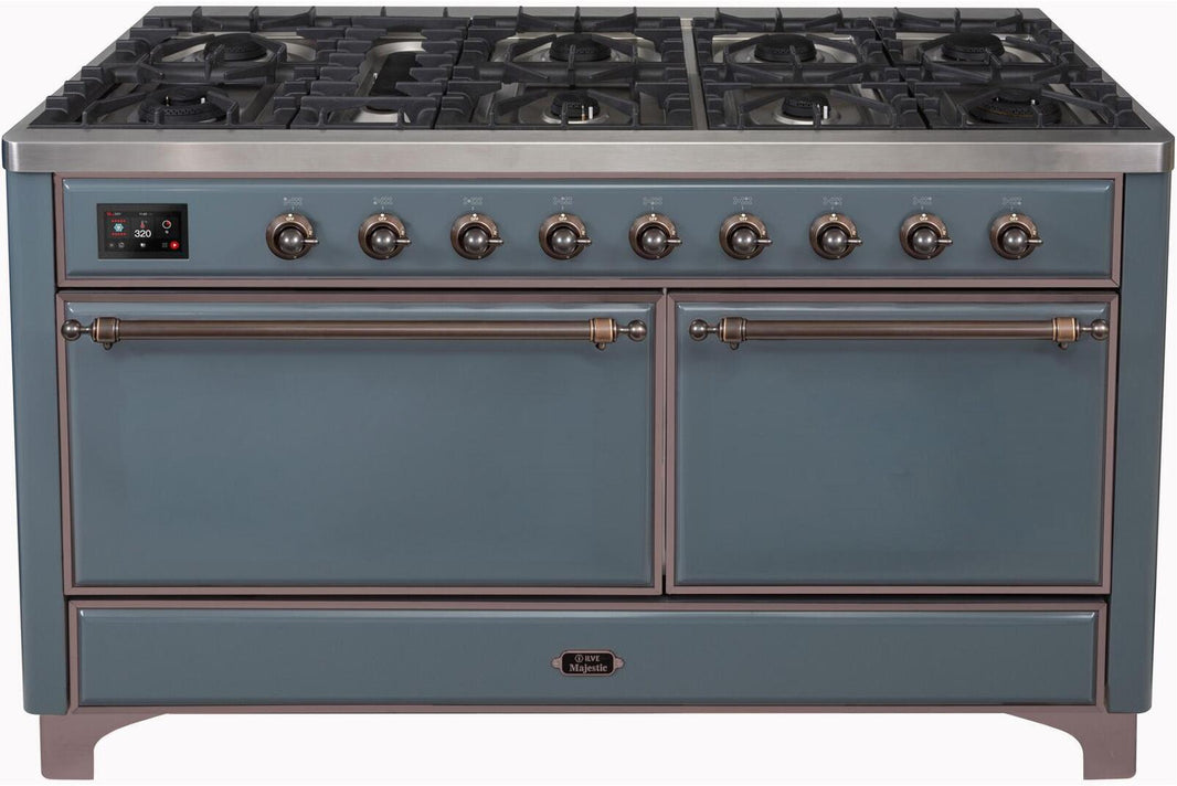 ILVE 60-Inch Majestic II Dual Fuel Range with 9 Sealed Burners - Griddle - Dual Oven - in Blue Grey with Bronze Trim (UM15FDQNS3BGB)