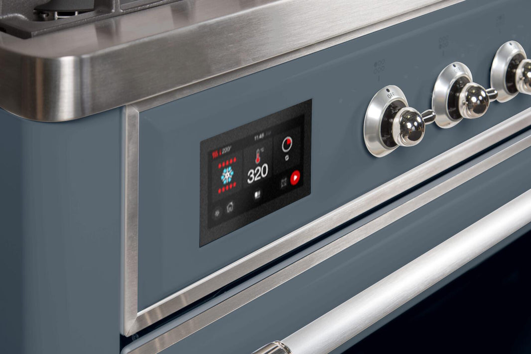 ILVE 60-Inch Majestic II Dual Fuel Range with 9 Sealed Burners - Griddle - Dual Oven - in Blue Grey with Chrome Trim (UM15FDNS3BGC)