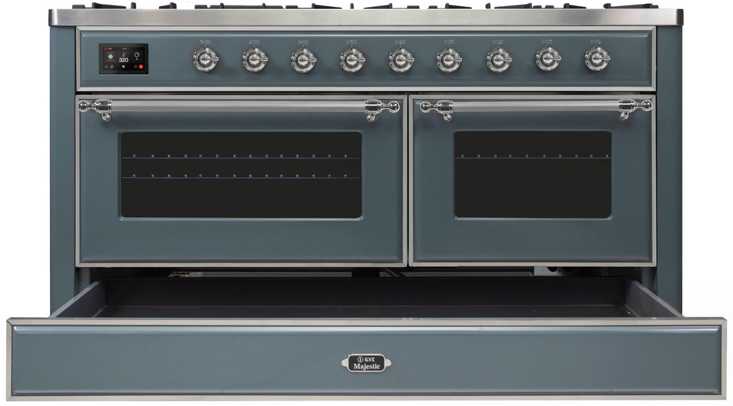 ILVE 60-Inch Majestic II Dual Fuel Range with 9 Sealed Burners - Griddle - Dual Oven - in Blue Grey with Chrome Trim (UM15FDNS3BGC)