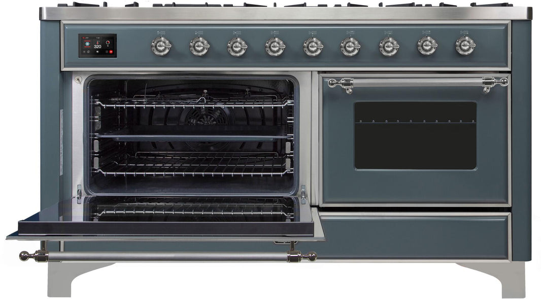 ILVE 60-Inch Majestic II Dual Fuel Range with 9 Sealed Burners - Griddle - Dual Oven - in Blue Grey with Chrome Trim (UM15FDNS3BGC)