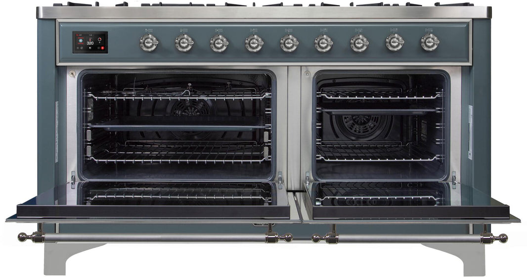 ILVE 60-Inch Majestic II Dual Fuel Range with 9 Sealed Burners - Griddle - Dual Oven - in Blue Grey with Chrome Trim (UM15FDNS3BGC)