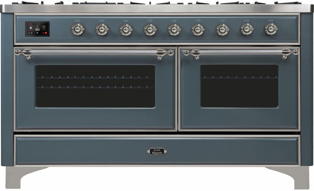 ILVE 60-Inch Majestic II Dual Fuel Range with 9 Sealed Burners - Griddle - Dual Oven - in Blue Grey with Chrome Trim (UM15FDNS3BGC)