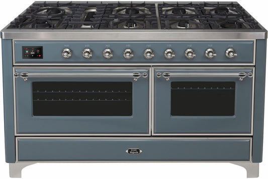 ILVE 60-Inch Majestic II Dual Fuel Range with 9 Sealed Burners - Griddle - Dual Oven - in Blue Grey with Chrome Trim (UM15FDNS3BGC)