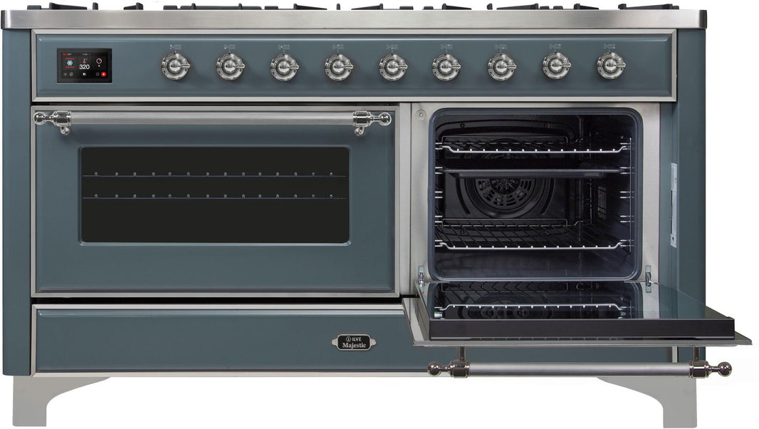 ILVE 60-Inch Majestic II Dual Fuel Range with 9 Sealed Burners - Griddle - Dual Oven - in Blue Grey with Chrome Trim (UM15FDNS3BGC)