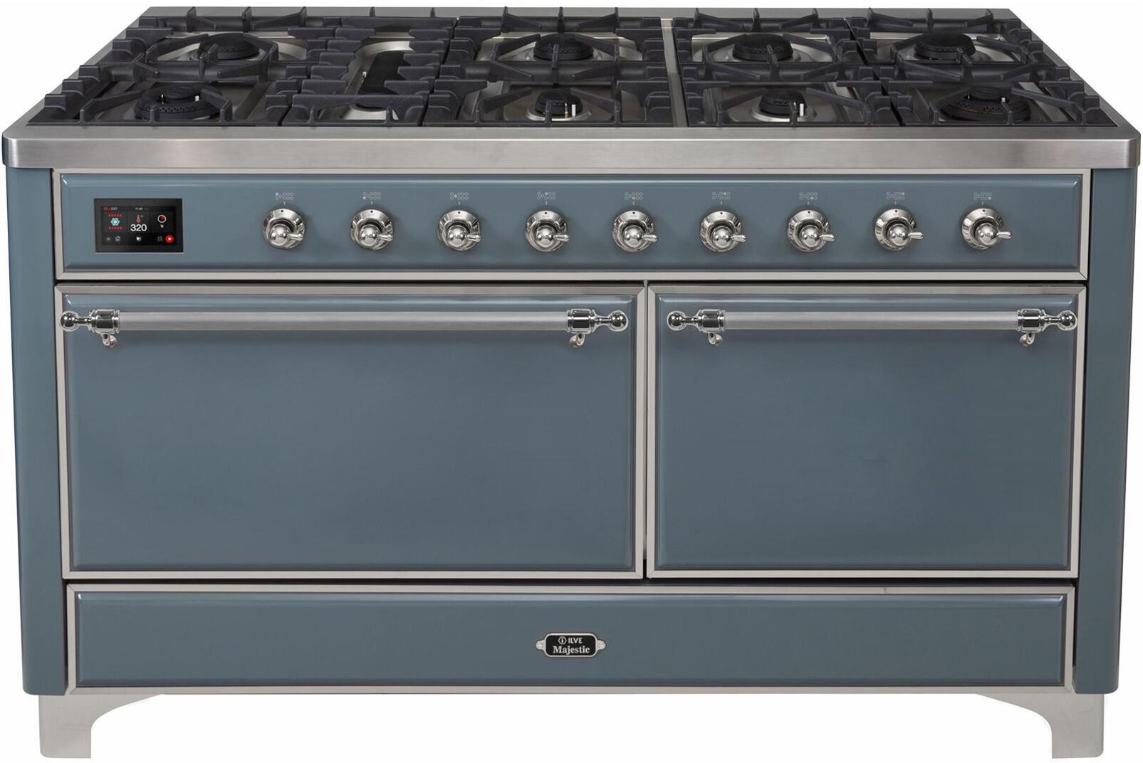 ILVE 60-Inch Majestic II Dual Fuel Range with 9 Sealed Burners - Griddle - Dual Oven - in Blue Grey with Chrome Trim (UM15FDQNS3BGC)