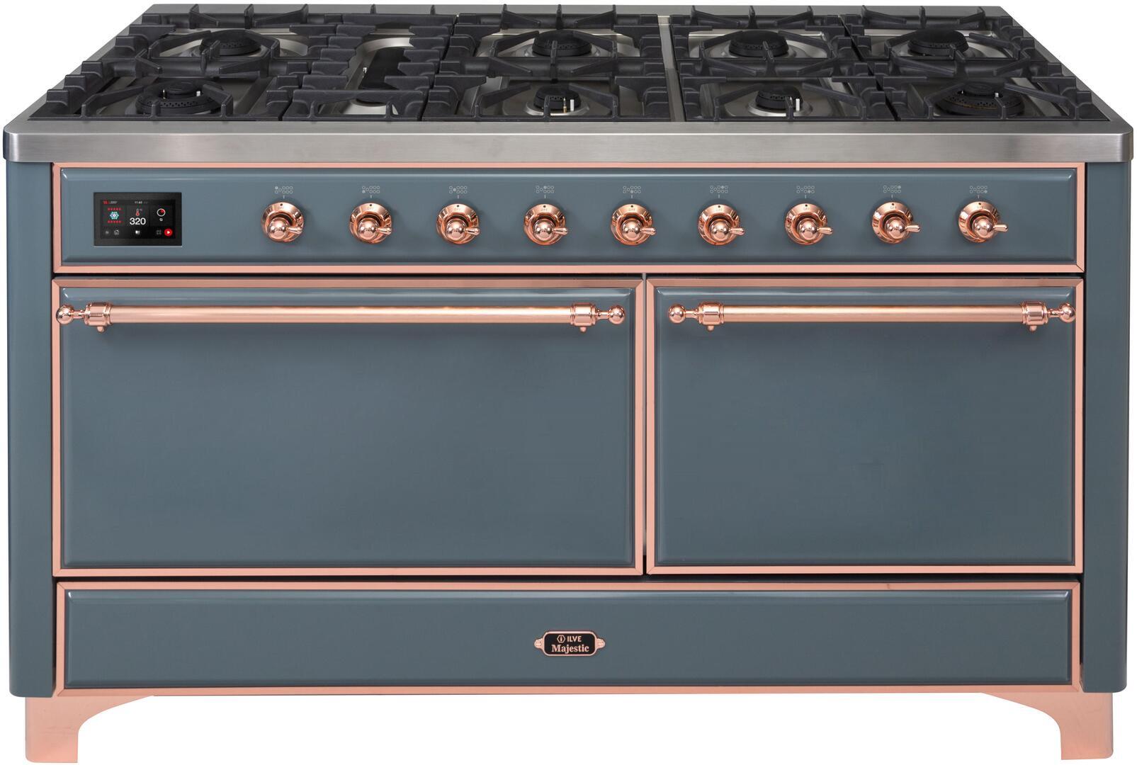 ILVE 60-Inch Majestic II Dual Fuel Range with 9 Sealed Burners - Griddle - Dual Oven - in Blue Grey with Copper Trim (UM15FDQNS3BGP)