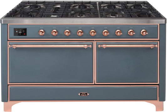 ILVE 60-Inch Majestic II Dual Fuel Range with 9 Sealed Burners - Griddle - Dual Oven - in Blue Grey with Copper Trim (UM15FDQNS3BGP)