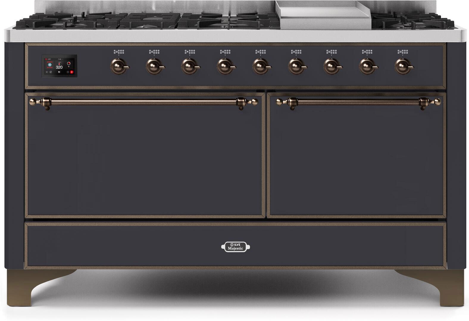 ILVE 60-Inch Majestic II Dual Fuel Range with 9 Sealed Burners - Griddle - Dual Oven - Matte Graphite (UM15FDQNS3MGB)