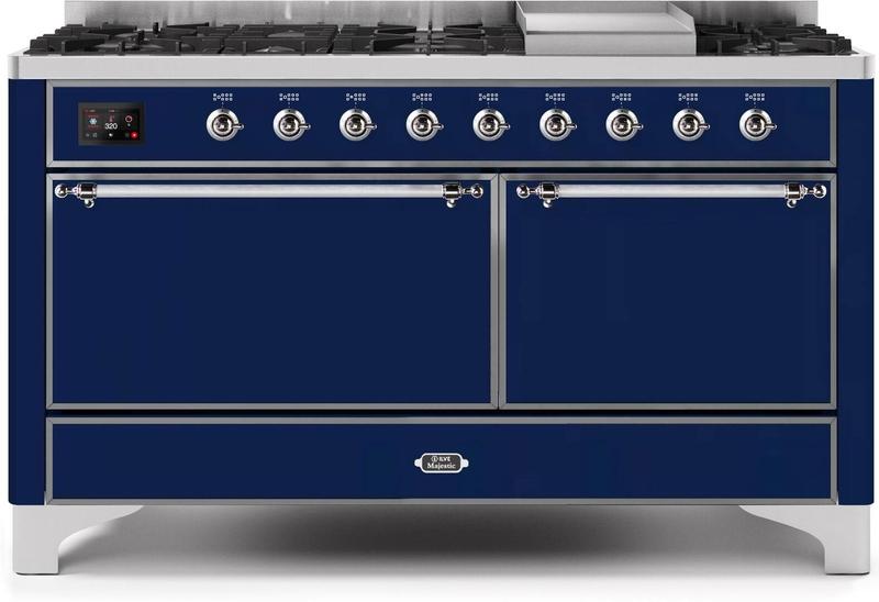 ILVE 60-Inch Majestic II Dual Fuel Range with 9 Sealed Burners - Griddle - Dual Oven - Midnight Blue (UM15FDQNS3MBC)