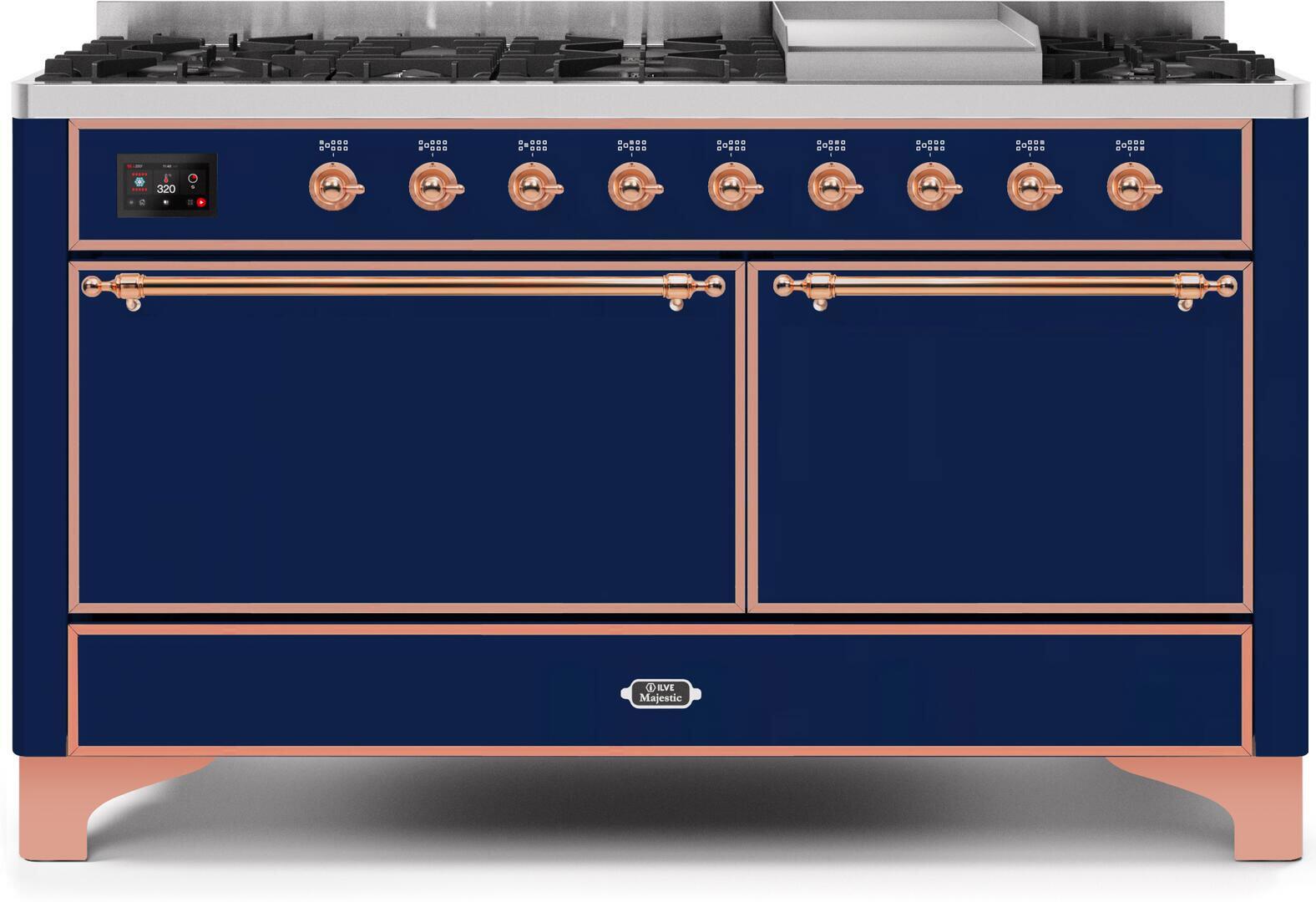 ILVE 60-Inch Majestic II Dual Fuel Range with 9 Sealed Burners - Griddle - Dual Oven - Midnight Blue (UM15FDQNS3MBP)