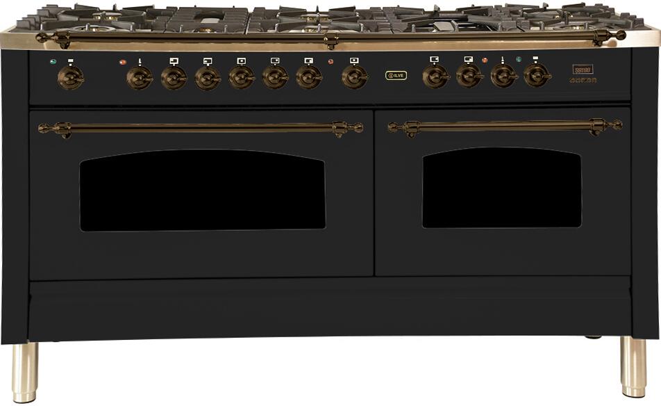 ILVE 60-Inch Nostalgie - Dual Fuel Range with 8 Sealed Burners - 5.99 cu. ft. Oven - Griddle with Bronze Trim in Glossy Black (UPN150FDMPNY)