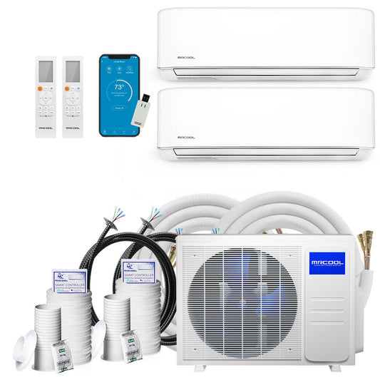 MRCOOL DIY 4th Gen Mini Split - 2-Zone 18,000 BTU Ductless Air Conditioner and Heat Pump with 9K + 9K Air Handlers, 35 ft. Line Sets, and Install Kit