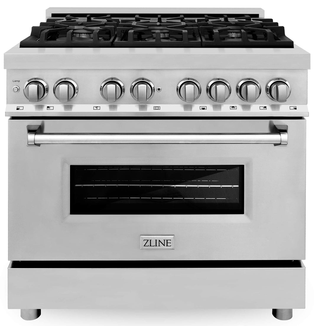 ZLINE 4-Piece Appliance Package - 36" Dual Fuel Range, 36" Refrigerator with Water Dispenser, Convertible Wall Mount Hood, and 3-Rack Dishwasher in Stainless Steel (4KPRW-RARH36-DWV)