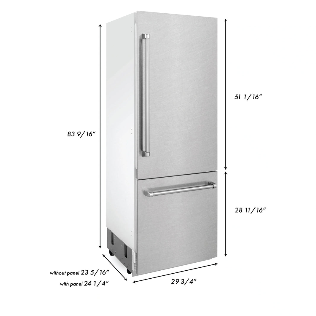 ZLINE 30-Inch 16.1 cu. ft. Built-In 2-Door Bottom Freezer Refrigerator with Internal Water and Ice Dispenser in DuraSnow Fingerprint Resistant Stainless Steel (RBIV-SN-30)