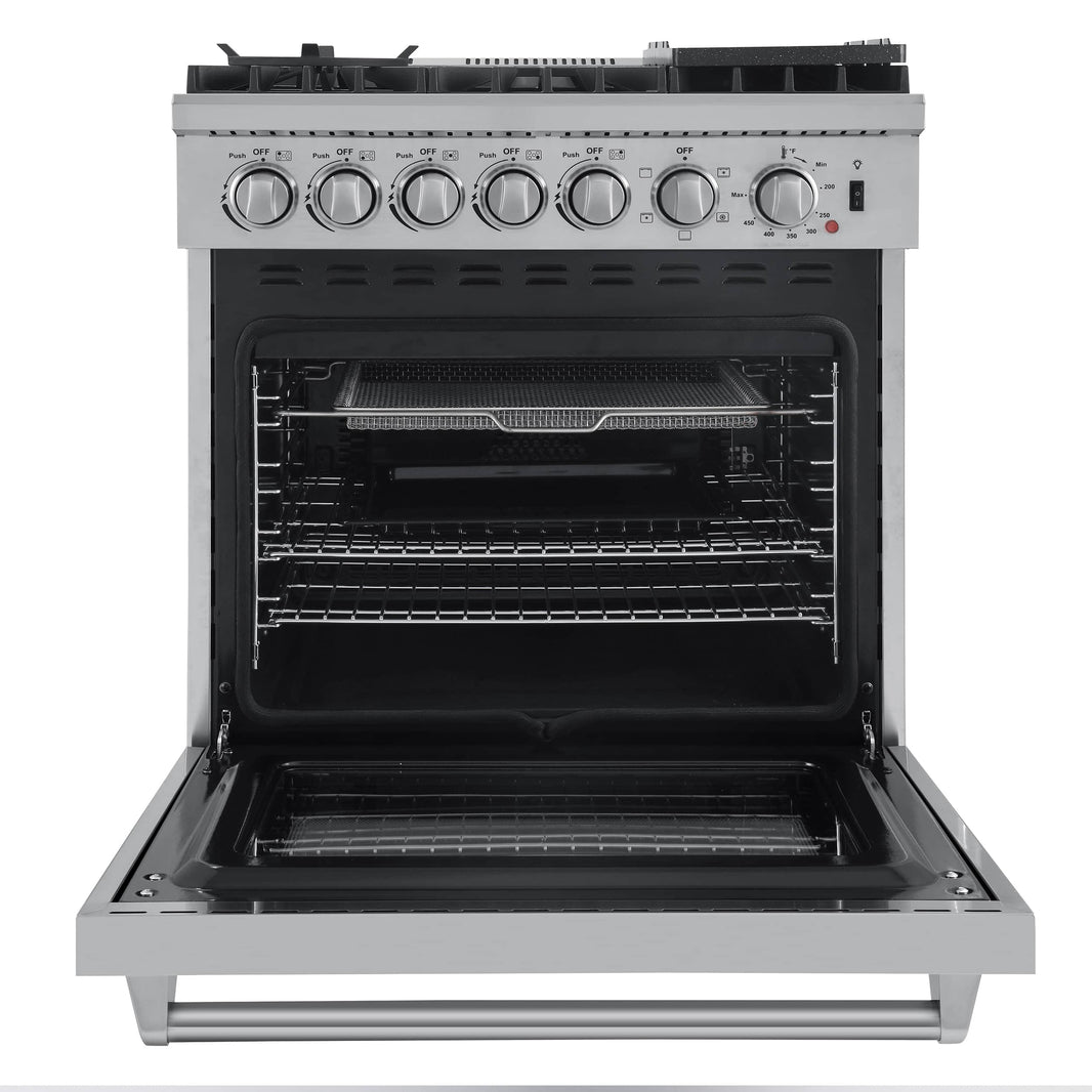 Forno 5-Piece Appliance Package - 30-Inch Dual Fuel Range with Air Fryer, Refrigerator with Water Dispenser, Wall Mount Hood, Microwave Oven, & 3-Rack Dishwasher in Stainless Steel