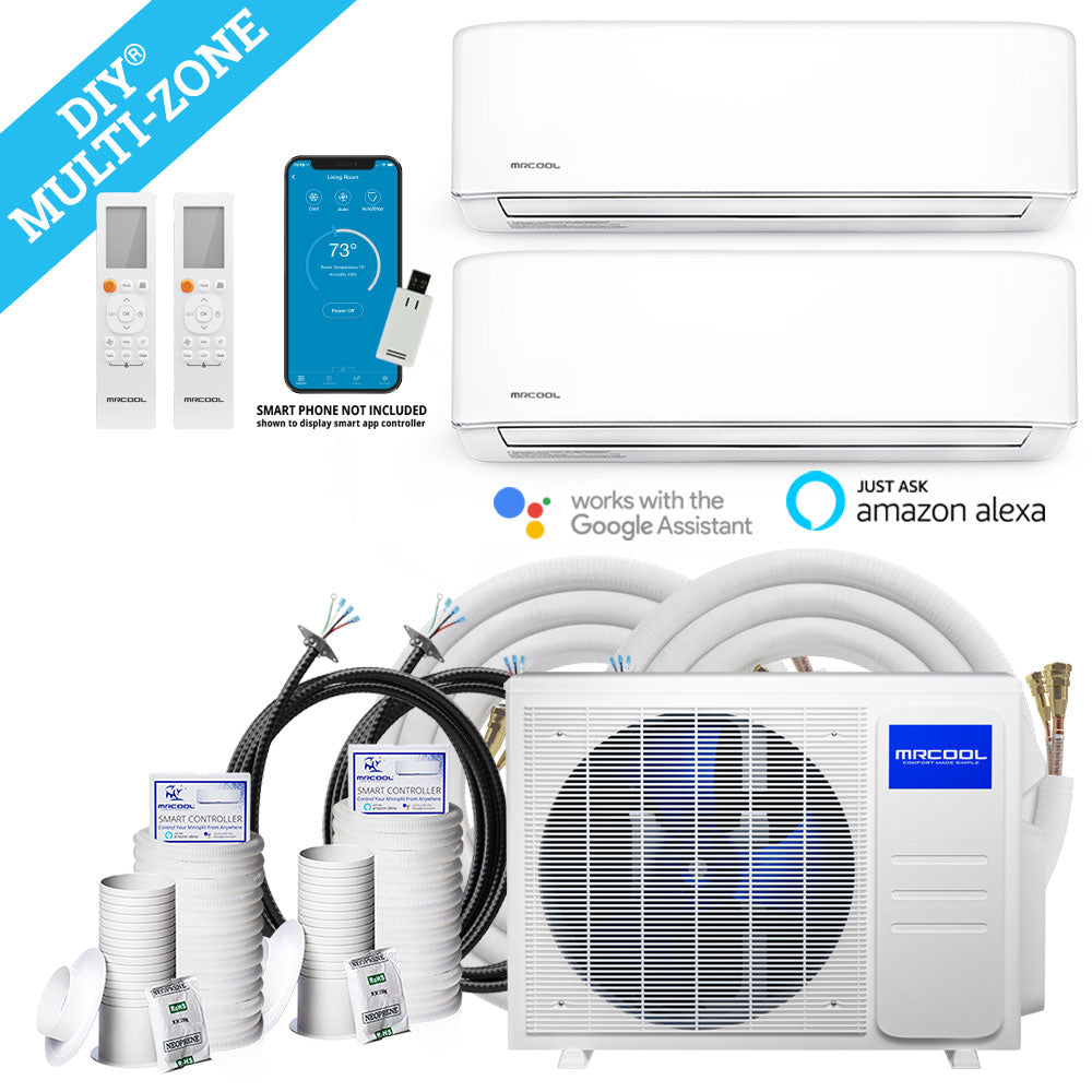 MRCOOL DIY 4th Gen Mini Split - 2-Zone 27,000 BTU Ductless Air Conditioner and Heat Pump with 18K + 12K Air Handlers, 16 ft. Line Sets, and Install Kit
