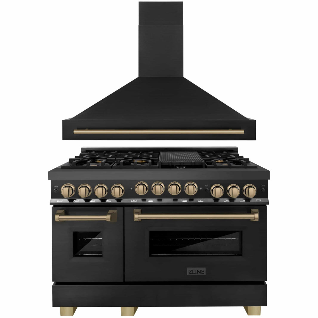 ZLINE Autograph Edition 2-Piece Appliance Package - 48" Dual Fuel Range & Wall Mounted Range Hood in Black Stainless Steel with Champagne Bronze Trim (2AKP-RABRH48-CB)