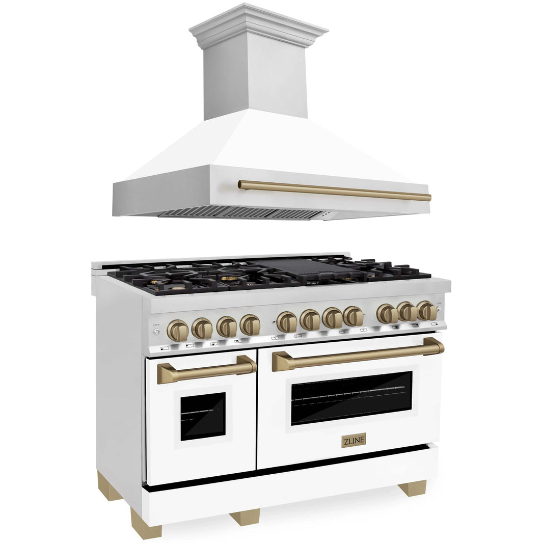 ZLINE Autograph Edition 2-Piece Appliance Package - 48" Dual Fuel Range & Wall Mounted Range Hood in Stainless Steel and White Door with Champagne Bronze Trim (2AKP-RAWMRH48-CB)