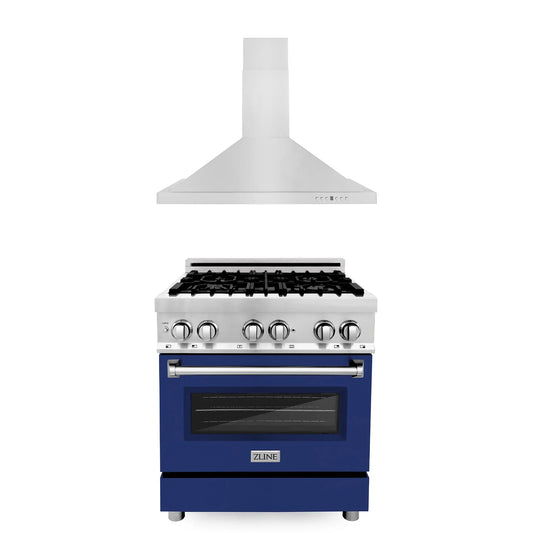 ZLINE 2-Piece Appliance Package - 30-inch Dual Fuel Range with Blue Gloss Door and Convertible Vent Range Hood in Stainless Steel (2KP-RABGRH30)