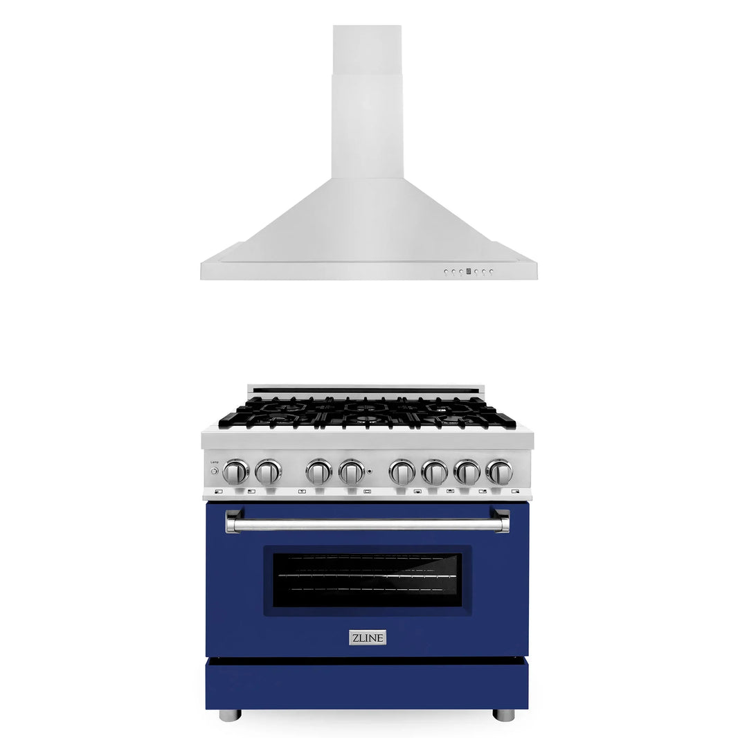 ZLINE 2-Piece Appliance Package - 36-inch Dual Fuel Range with Blue Gloss Door and Convertible Vent Range Hood in Stainless Steel (2KP-RABGRH36)