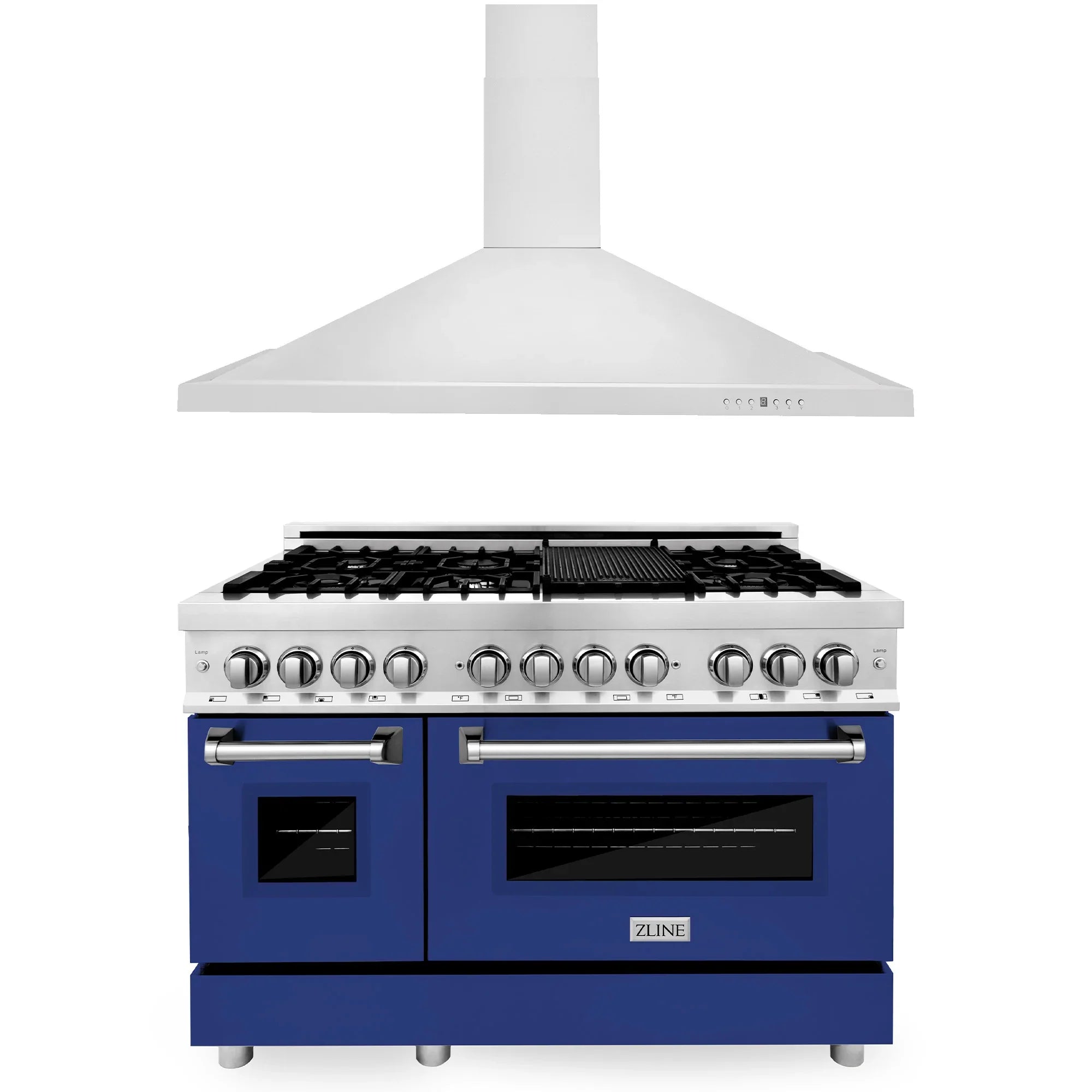 ZLINE 2-Piece Appliance Package - 48-inch Dual Fuel Range with Blue Gloss Door and Convertible Vent Range Hood in Stainless Steel (2KP-RABGRH48)