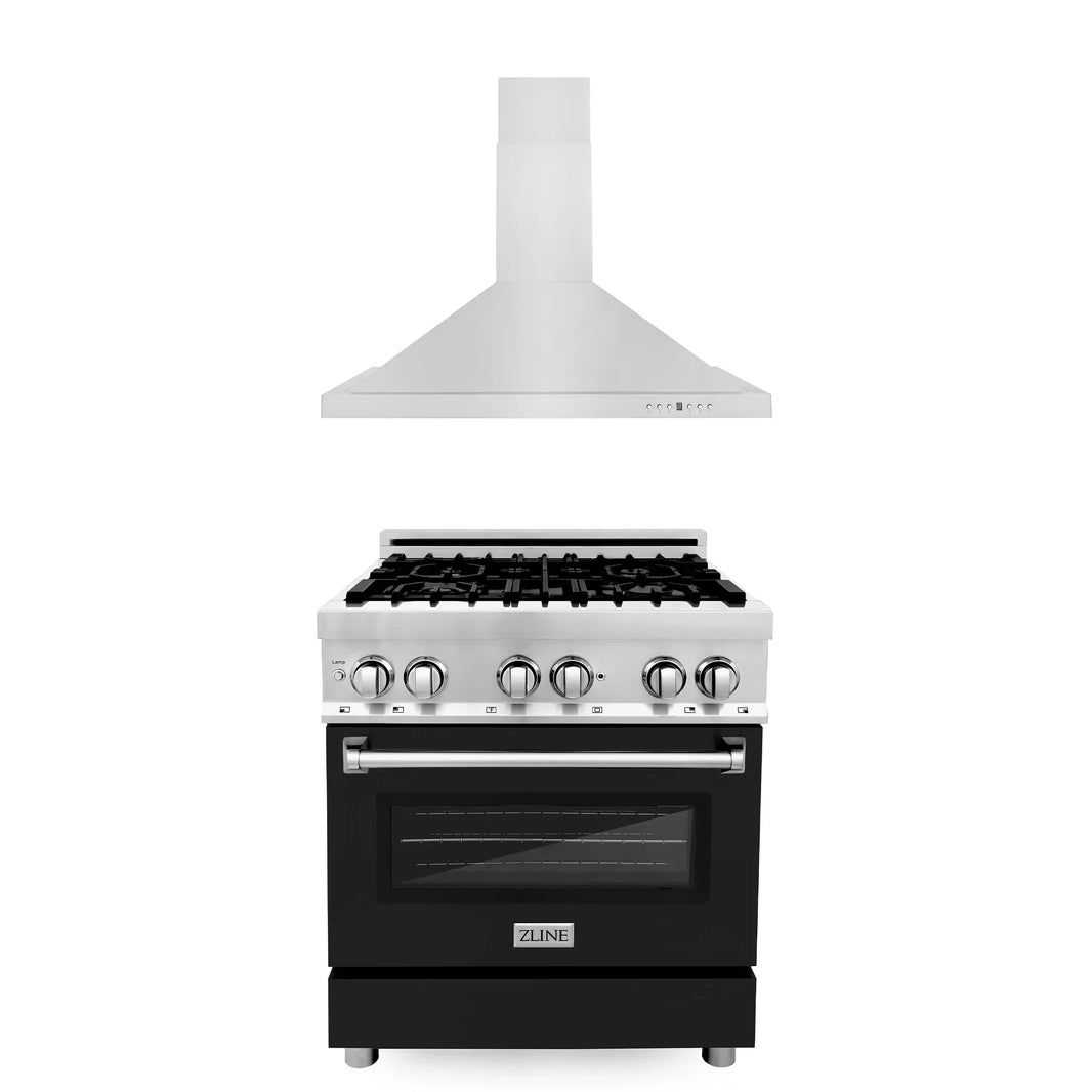 ZLINE 2-Piece Appliance Package - 30-inch Dual Fuel Range with Black Matte Door and Convertible Vent Range Hood in Stainless Steel (2KP-RABLMRH30)