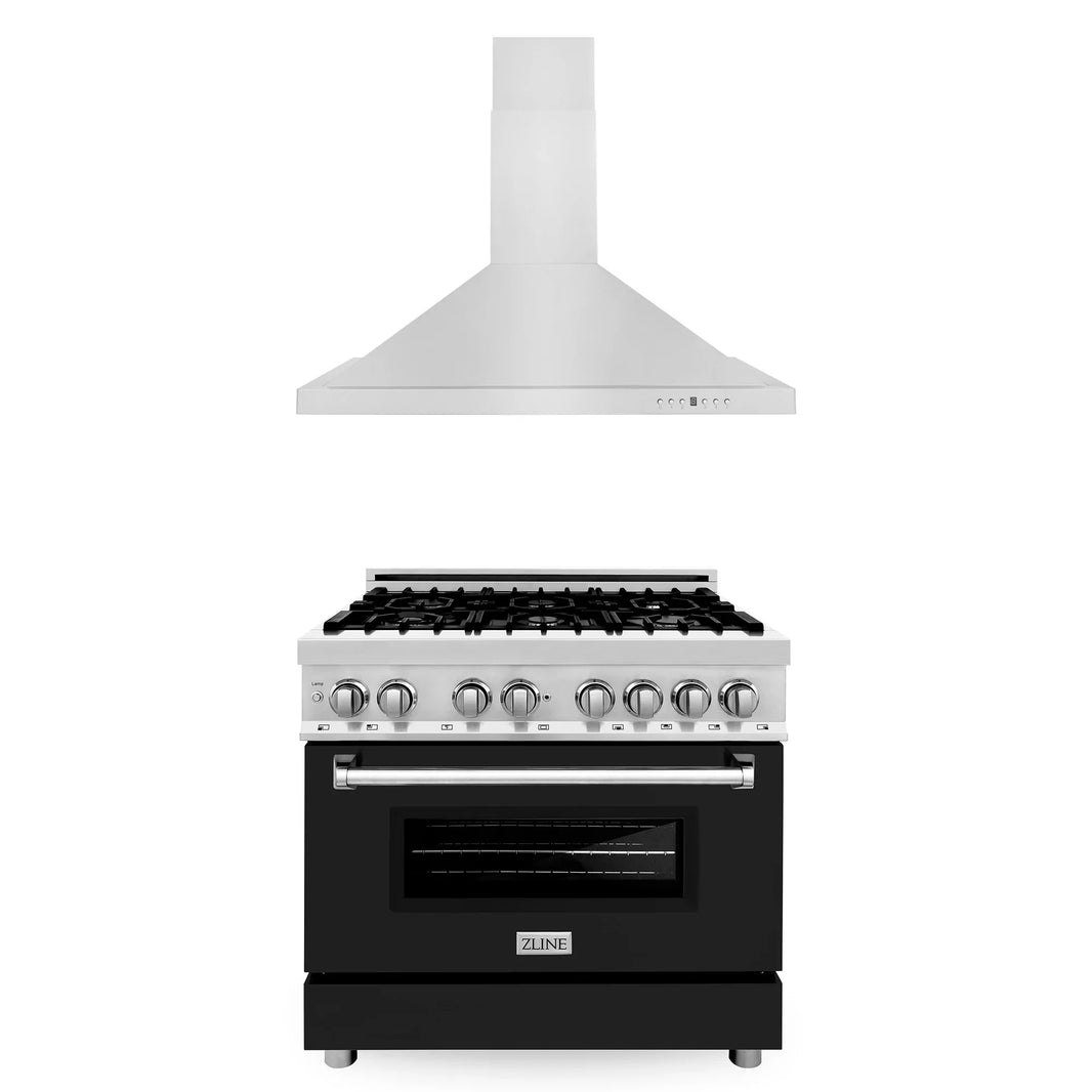 ZLINE 2-Piece Appliance Package - 36-inch Dual Fuel Range with Black Matte Door and Convertible Vent Range Hood in Stainless Steel (2KP-RABLMRH36)