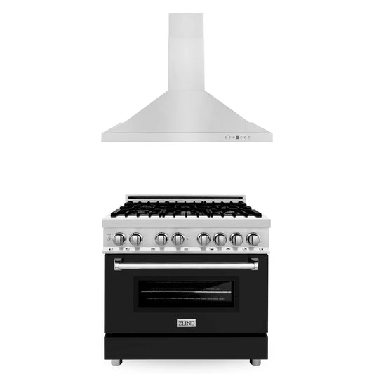 ZLINE 2-Piece Appliance Package - 36-inch Dual Fuel Range with Black Matte Door and Convertible Vent Range Hood in Stainless Steel (2KP-RABLMRH36)