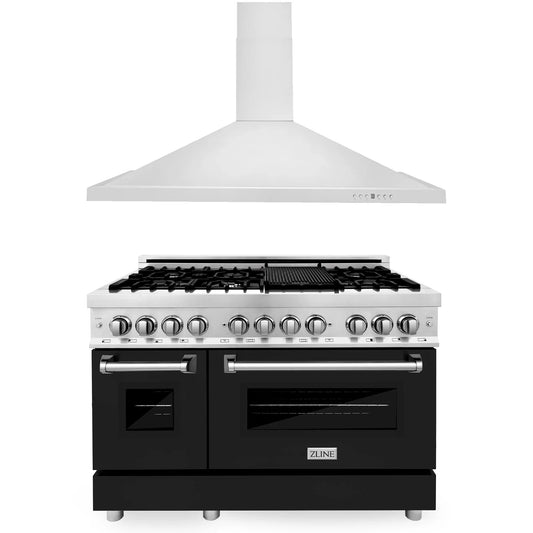 ZLINE 2-Piece Appliance Package - 48-inch Dual Fuel Range with Black Matte Door and Convertible Vent Range Hood in Stainless Steel (2KP-RABLMRH48)