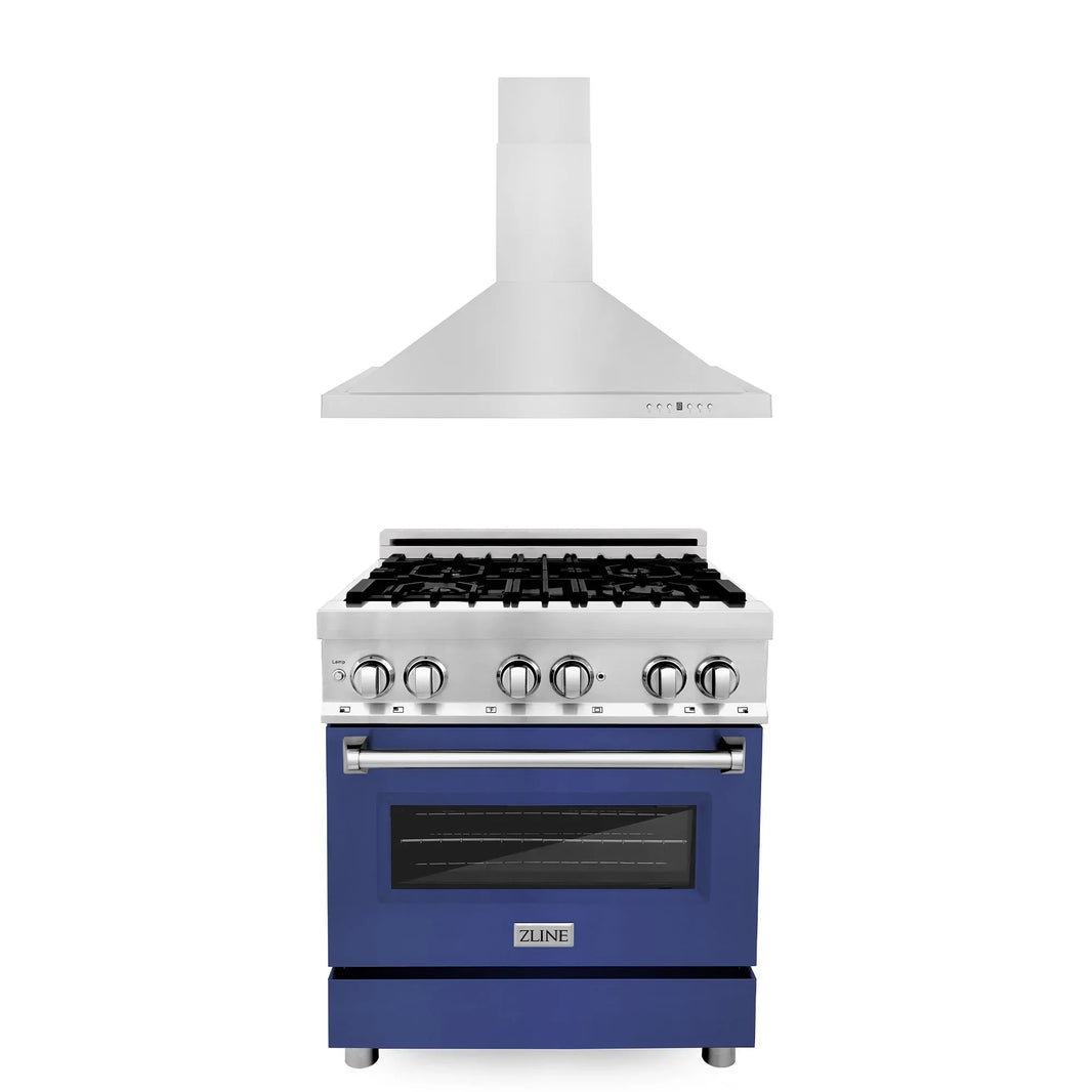 ZLINE 2-Piece Appliance Package - 30-inch Dual Fuel Range with Blue Matte Door and Convertible Vent Range Hood in Stainless Steel (2KP-RABMRH30)