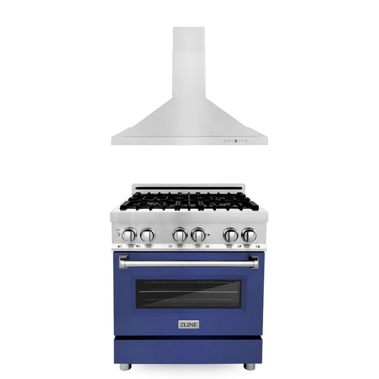 ZLINE 2-Piece Appliance Package - 30-inch Dual Fuel Range with Blue Matte Door and Convertible Vent Range Hood in Stainless Steel (2KP-RABMRH30)